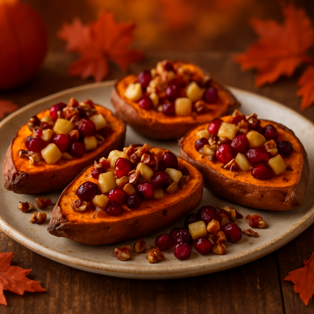 Twice-baked sweet potatoes filled with cranberries and apples, garnished with pecans on a rustic table.
